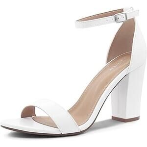 Party Womens 8 White Open Toe Ankle Strap 3.5" Block Heel Sandal Wedding Shoes
